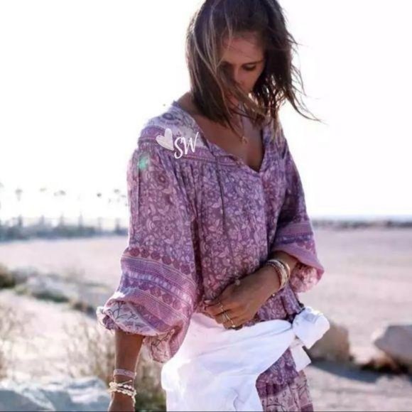 Gypsy boho print blouse purple long sleeve - Picture 7 of 9